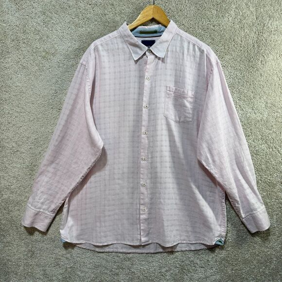 Tommy Bahama Shirt Men's XXL Pink Textured Plaid Pocket Long Sleeve Linen Blend - Picture 1 of 12